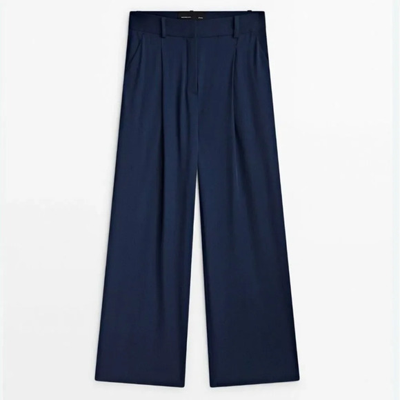 MASSIMO DUTTI | Wide-leg Trousers With Darts Pleats Navy Blue Viscose | Size 4 - Picture 1 of 8
